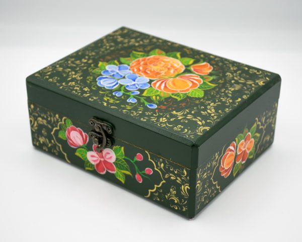 باکس کادویی چوبی _ نقاشی طرح گل _ابعاد 13*17_رنگ سبز