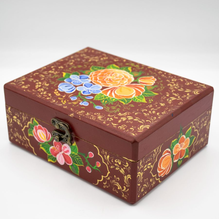 باکس کادویی چوبی _ نقاشی طرح گل _ابعاد 13*17_رنگ زرشکی