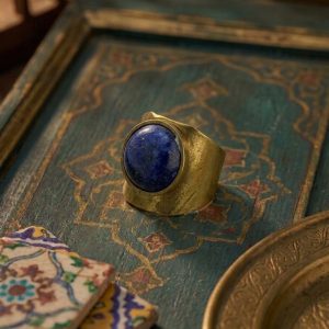 انگشتر برنج فری سایز رکاب پهن نگین سنگ لاجورد دایره ای